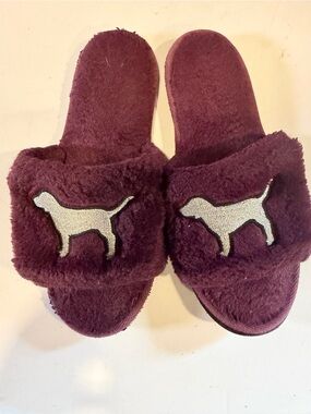 PINK Victoria's Secret Plush Dog Slide Slippers in Plum
